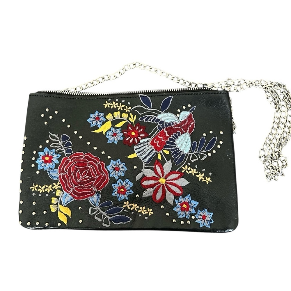 Topshop Black Leather Embroidered Bird & Floral Crossbody Bag Silver Chain